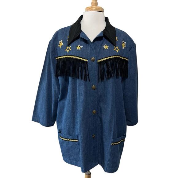 Vintage Daniel Green Country Western Fringe Stars Denim Shirt Jacket 2X - Picture 1 of 7